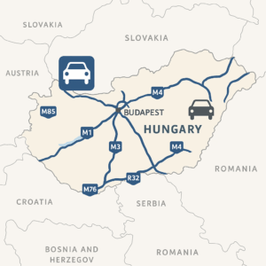 Mapa dálniční sítě a zpoplatněných úseků v Maďarsku se zvýrazněním hlavních tras jako M1, M3 a M5