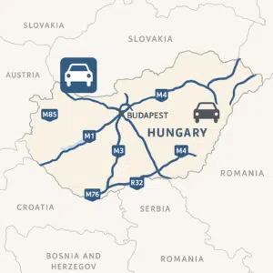 Mapa dálniční sítě a zpoplatněných úseků v Maďarsku se zvýrazněním hlavních tras jako M1, M3 a M5