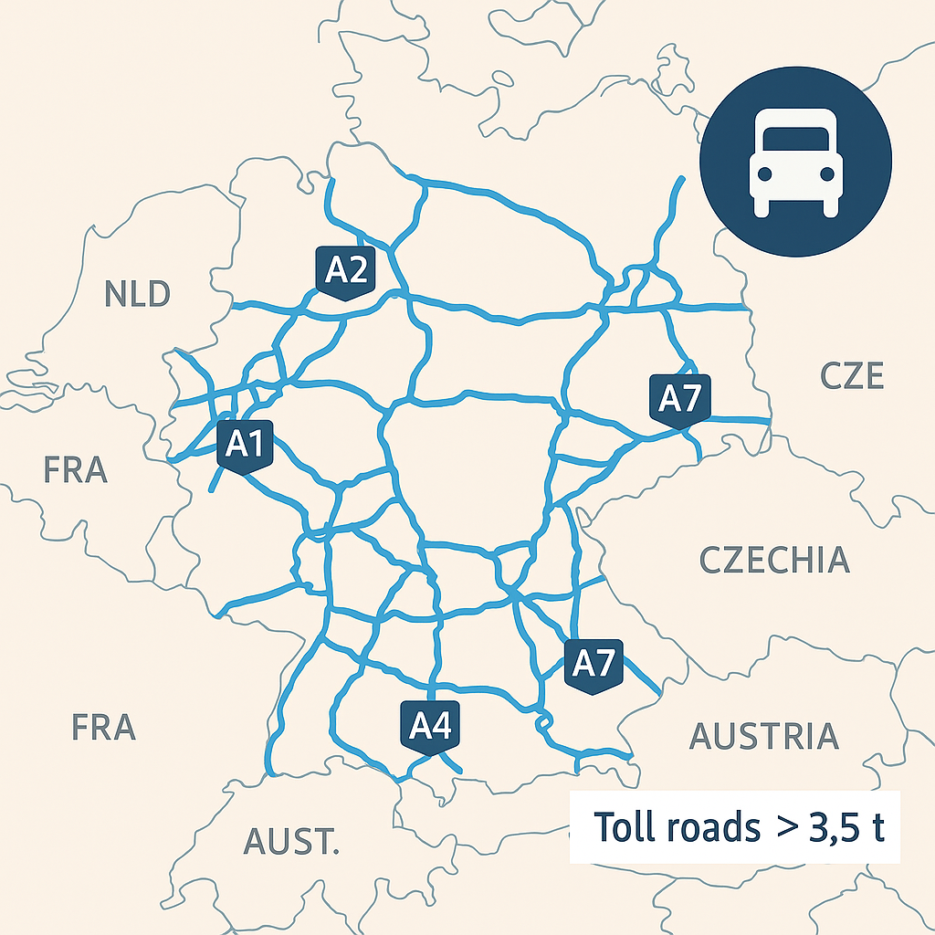 Mapa německé dálniční sítě se zvýrazněním zpoplatněných úseků pro vozidla nad 3,5 tuny 