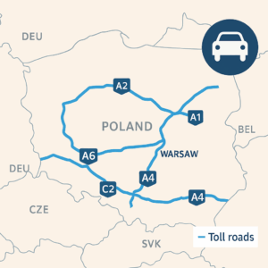 Mapa dálniční sítě v Polsku se zvýrazněním zpoplatněných úseků a dálnic A1, A2, A4 a A6