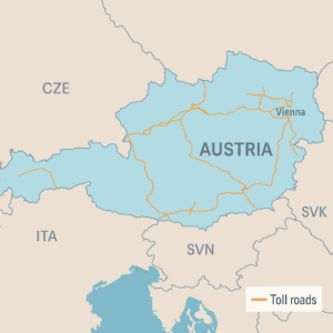 Mapa zpoplatněných dálnic a rychlostních silnic v Rakousku