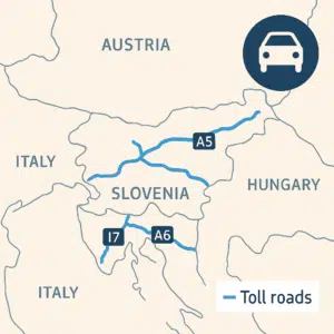 Mapa Slovinska se zvýrazněním dálničních úseků A1, A2, A5 a A6 a okolních států 