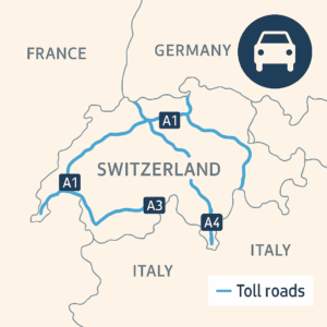 Mapa Švýcarska se zvýrazněním hlavních zpoplatněných dálničních tahů A1, A2, A3 a A4 včetně okolních států 
