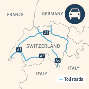Mapa Švýcarska se zvýrazněním hlavních zpoplatněných dálničních tahů A1, A2, A3 a A4 včetně okolních států 